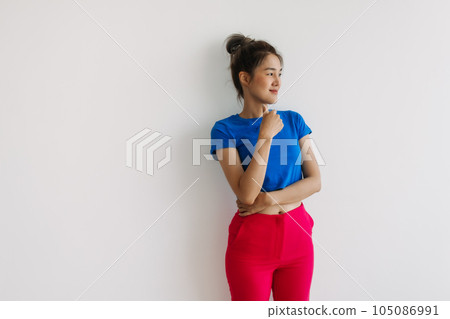 Woman in colorful clothes feeling hesitate isolated on white. 105086991