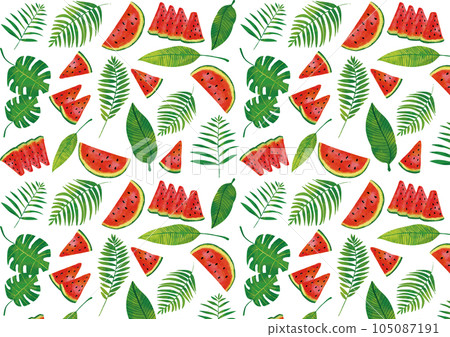 水彩觸感熱帶葉和西瓜圖案 105087191