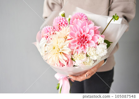 Incredible dahlias are the main flower. Beautiful bouquet of mixed flowers in woman hand. Floral shop concept . Handsome fresh bouquet. Flowers delivery. 105087548
