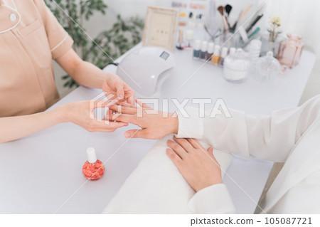 Manicurist and woman doing final touches at nail salon Manicurist and woman doing final touches at nail salon 105087721
