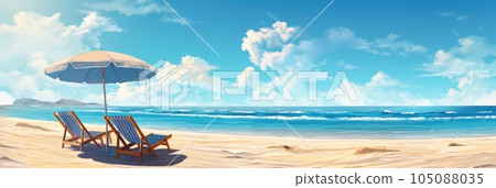 Beach chairs and umbrella on a white sandy beach. Generative AI 105088035