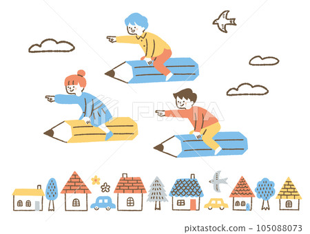 Children riding a pencil in a residential area_color 105088073