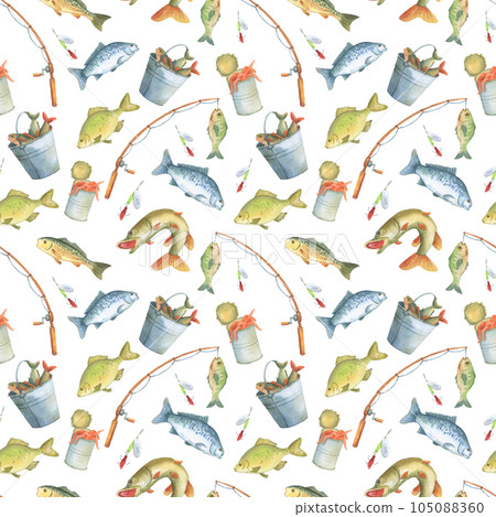 Fishing seamless pattern with fish and hook. Watercolor background for fisherman. Fishing seamless pattern with fish and hook. Watercolor background for fisherman. 105088360