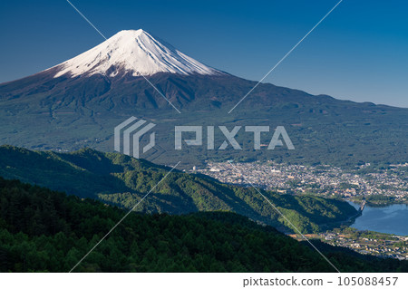 《山梨縣》初夏的富士山，鮮綠的原始森林 105088457