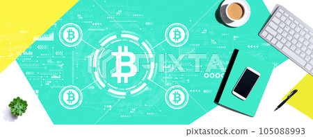 Bitcoin theme with computer keyboard and office items Bitcoin theme with computer keyboard and office items 105088993