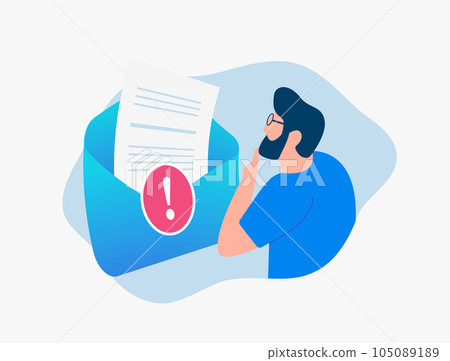 Receiving an important letter that you need to pay attention to or fraud email concept. Protect from phishing scams and fraudulent emails. Man character carefully reads and checks received letter 105089189