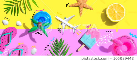 Summer concept with a airplane, a popsicle, flip flops and lemon sunshine Summer concept with a airplane, a popsicle, flip flops and lemon sunshine 105089448