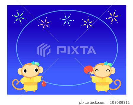 A monkey in a yukata circular frame with a background of fireworks 105089511