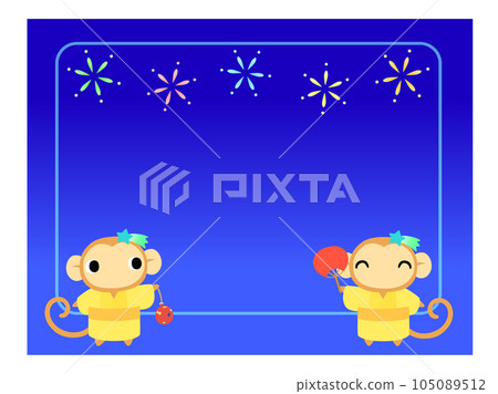 Monkey in yukata square frame with fireworks background 105089512