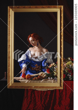 Portrait of a noble lady with fruit in the style of a framed painting 105089905