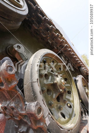 Airborne combat vehicle. On a pedestal. Fragments of a combat vehicle close-up. 105089937