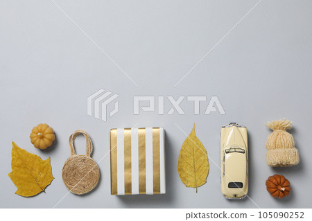 Autumn or fall travel and vacation concept with car 105090252