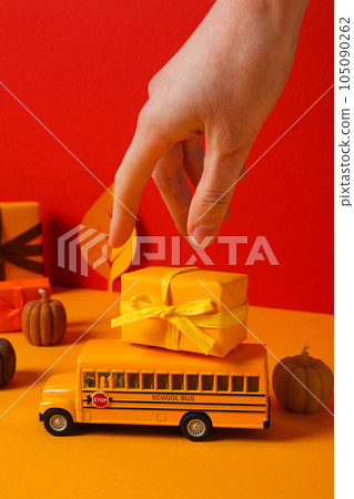 Fall semester season concept with school bus and fall accessories Fall semester season concept with school bus and fall accessories 105090262