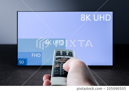 Comparing TV resolutions on television screen. TV ultra HD resolution. 8K resolutions compare on oled tv. Watching television in TV room. Compare of television resolution. hand with remote control Comparing TV resolutions on television screen. TV ultra HD resolution. 8K resolutions compare on oled tv. Watching television in TV room. Compare of television resolution. hand with remote control 105090505