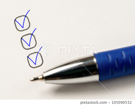 three checkboxes. marking on checklist box. hand with pen writing check mark on Checklist. Completed tasks are ticked off on to do list. businessman checking mark on checklist with ballpoint three checkboxes. marking on checklist box. hand with pen writing check mark on Checklist. Completed tasks are ticked off on to do list. businessman checking mark on checklist with ballpoint 105090532