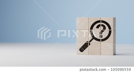 Question mark symbol on wooden cubes on blue background. question mark under magnifying glass. Problem, solution, confusion counseling. 105090559