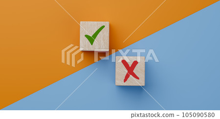 Green tick and red cross on backgrounds of different colors. Concept of positive or negative decision making or choice of approval or rejection. chooses checkmark and x sign symbol on wooden cube Green tick and red cross on backgrounds of different colors. Concept of positive or negative decision making or choice of approval or rejection. chooses checkmark and x sign symbol on wooden cube 105090580