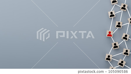 Wooden blocks with people icon on gray background. Organization structure, social network, leadership, team building, job recruitment, management or human resources concepts. Wooden blocks with people icon on gray background. Organization structure, social network, leadership, team building, job recruitment, management or human resources concepts. 105090586