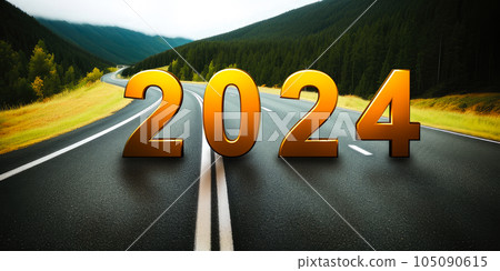 2024 New Year. Empty asphalt road and New year 2024 concept. Outlook for 2024. Moving forward in business career and life. Driving on an empty road to Goals 2024 with sunset. 2024 New Year. Empty asphalt road and New year 2024 concept. Outlook for 2024. Moving forward in business career and life. Driving on an empty road to Goals 2024 with sunset. 105090615