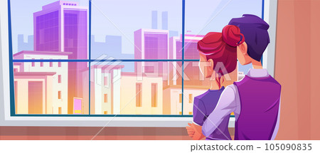 Couple standing near city building view window 105090835