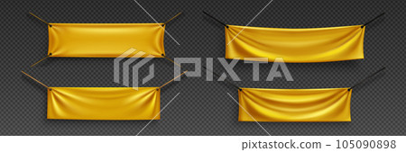 Realistic set of fabric banners hanging on ropes Realistic set of fabric banners hanging on ropes 105090898