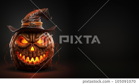 Halloween pumpkin head jack-o-lantern on dark background Halloween pumpkin head jack-o-lantern on dark background 105091070
