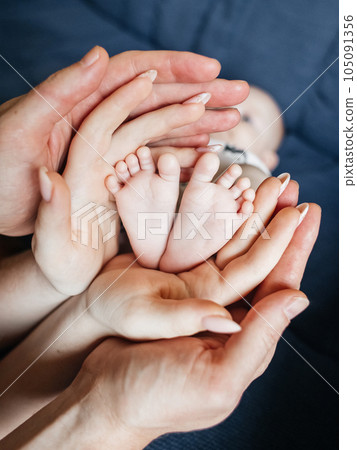 Leg of a newborn baby in the hands of parents. Mom and dad show care for their child. The concept of protecting a defenseless baby. Beautiful adult hands of a man and a woman and children little legs 105091356