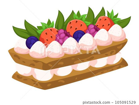 Layered cake or pie with whipped cream and berries Layered cake or pie with whipped cream and berries 105091529