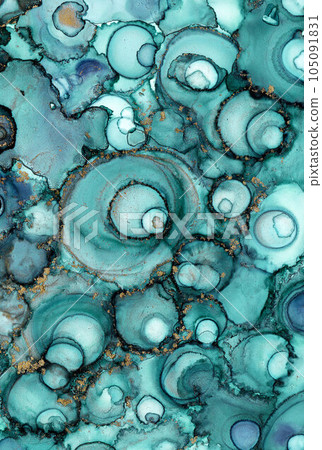 Natural luxury abstract fluid art painting in alcohol ink technique. Tender and dreamy wallpaper. Mixture of colors creating transparent waves and golden swirls. For posters, other printed materials 105091831