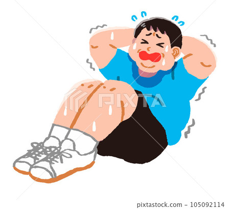 肥胖男子痛苦地做腹部運動 肥胖男子痛苦地做腹部運動 105092114