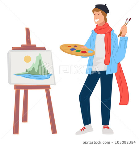 Artist man painting landscape picture on easel Artist man painting landscape picture on easel 105092384
