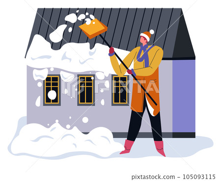 Man cleaning snow by house, wintertime outdoors 105093115