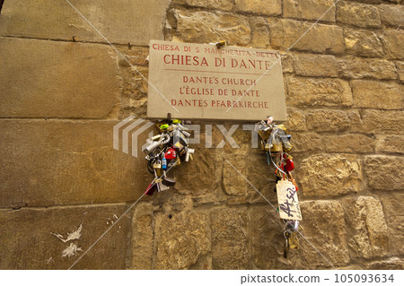 Florence, Italy, May 9, 2023, the famous church of Dante Alighieri, Santa Margherita with locks Florence, Italy, May 9, 2023, the famous church of Dante Alighieri, Santa Margherita with locks 105093634