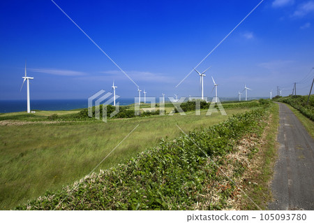 Wind power generation and the sea on the road and grassland Wind power generation and the sea on the road and grassland 105093780