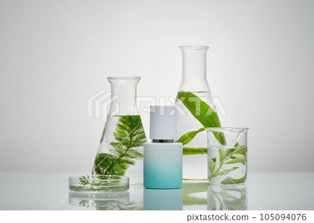 Conical flasks, petri dish and beaker with water and fresh seaweed filled inside. A gradient color bottle without label featured. Natural skin care concept 105094076