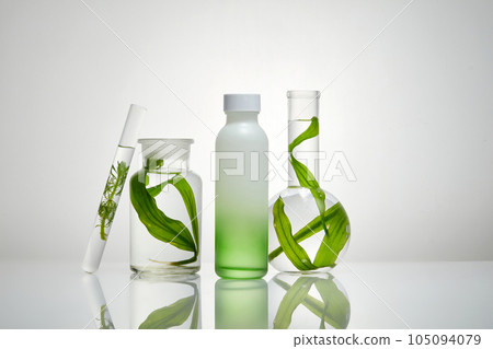 On the mirror table, a test tube, jar, unlabeled cosmetic bottle and flat-bottom florence flask arranged. Seaweed delivering antioxidants to fight free radical damage  105094079