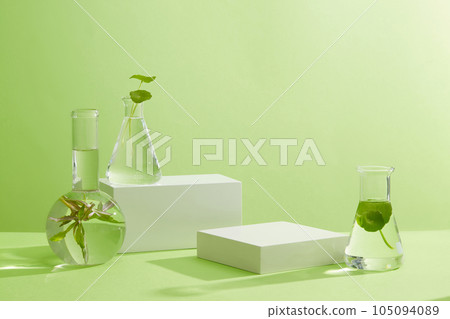 The pastel green background featured some flasks and geometric podiums. The vitamins and minerals found in seaweed are known to help skin defend itself 105094089