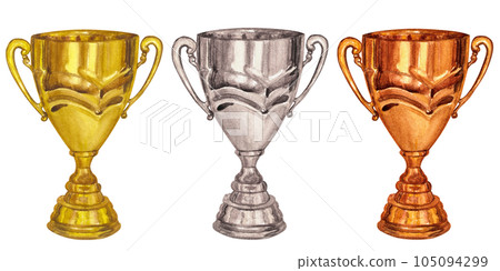 Banner golden silver bronze winner cup trophy, victory, prize. Hand draw watercolor illustration isolated on white background. Competition, sport, logo Banner golden silver bronze winner cup trophy, victory, prize. Hand draw watercolor illustration isolated on white background. Competition, sport, logo 105094299