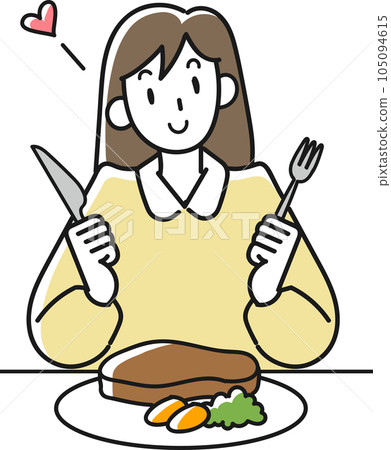 一個微笑著吃飯的年輕女子 105094615