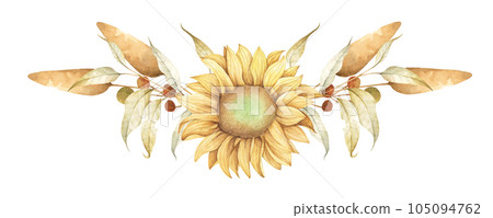 Vibrant Sunflower and leaves Bouquet. Floral Composition Perfect for Greeting Cards and rustic Decorations. Watercolor Illustration. Vibrant Sunflower and leaves Bouquet. Floral Composition Perfect for Greeting Cards and rustic Decorations. Watercolor Illustration. 105094762