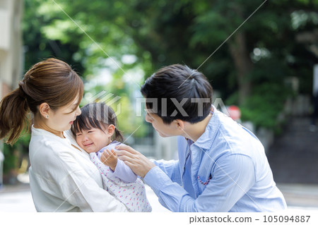 A couple comforting a crying child A couple comforting a crying child 105094887