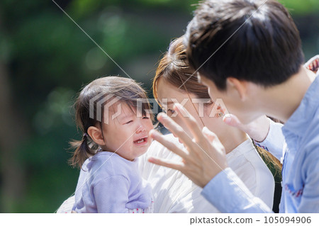 A couple comforting a crying child A couple comforting a crying child 105094906