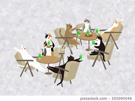 Seven cats spending time at a cafe. A relaxing vacation at a retro coffee shop. 105095048