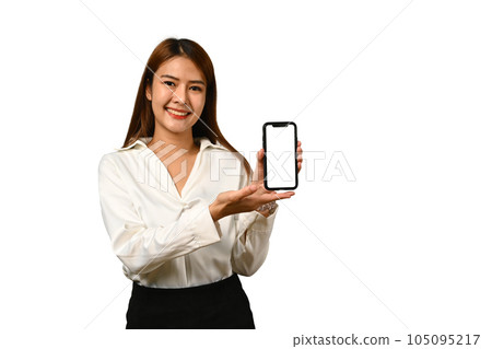 Attractive young woman showing mobile phone in hand with empty screen for your advertising text message Attractive young woman showing mobile phone in hand with empty screen for your advertising text message 105095217