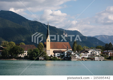Authentic city between the mountains near a large, beautiful lake 105095442