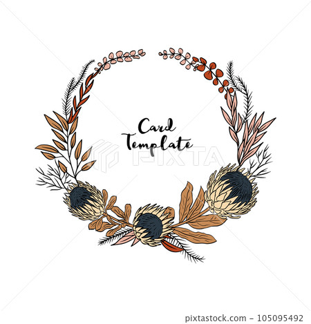 Hand drawn colorful line art tropical protea flower round frame 105095492