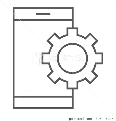 App settings thin line icon, technology and smartphone, cogwheel sign, vector graphics, a linear pattern on a white background, eps 10. App settings thin line icon, technology and smartphone, cogwheel sign, vector graphics, a linear pattern on a white background, eps 10. 105095907