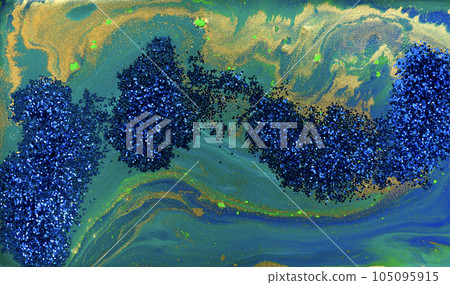 Blue and Gold Glitter on Liquid Blue Ink Background. 105095915