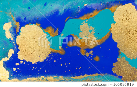 Golden Dust on Liquid Blue Ink Wave Background. 105095919