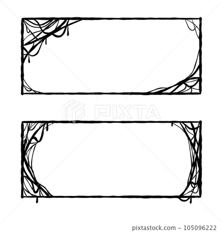 Halloween frame. Cobwebs and slimy threads border. Square Cartoon illustration isolated on white. Scary creepy silhouette. Dark spiderweb, hand drawn gossamer Halloween frame. Cobwebs and slimy threads border. Square Cartoon illustration isolated on white. Scary creepy silhouette. Dark spiderweb, hand drawn gossamer 105096222
